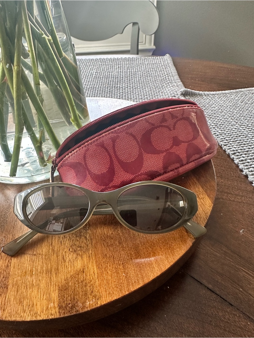 Coach Olive Green Oval Sunglasses with Pink Signature Case